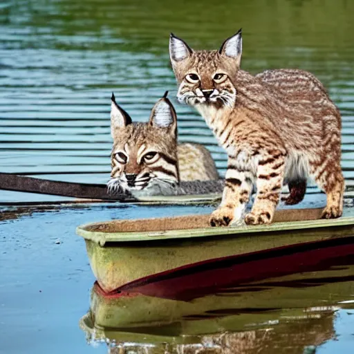 Prompt: a bobcat in a rowboat wears a baggie hat and has its hand on its hip, the boat is half full of water but the bobcat seems at ease