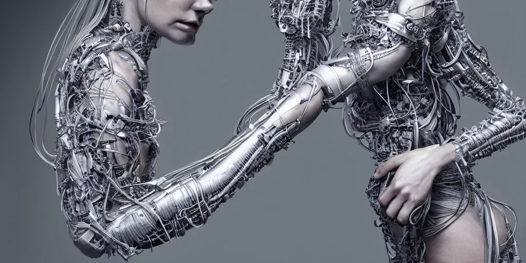 Image similar to hyper realistic photography of a stunningly beautiful cyborg female, plated arm, intimate, chest, holding close, ribbons, in the style of beth cavener, jin kagetsu,, and wlop, highly detailed, intricate filigree, symmetry, masterpiece, award winning, sharp focus, concept art, highkey lighting, ambient lighting, octane render, 8 k, artstation