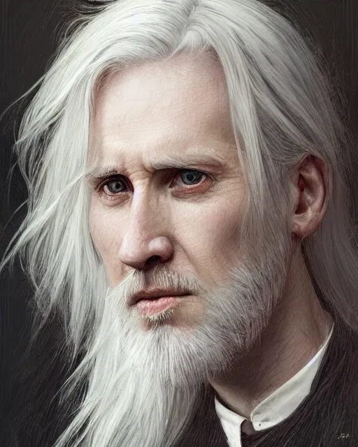 Image similar to portrait of 4 0 - year - old man with long white hair with a pale complexion, malfoy lucius, clear face, pointed face and grey eyes, hyper realistic face, beautiful eyes, fantasy art, in the style of greg rutkowski, intricate, alphonse mucha, hyper detailed, smooth