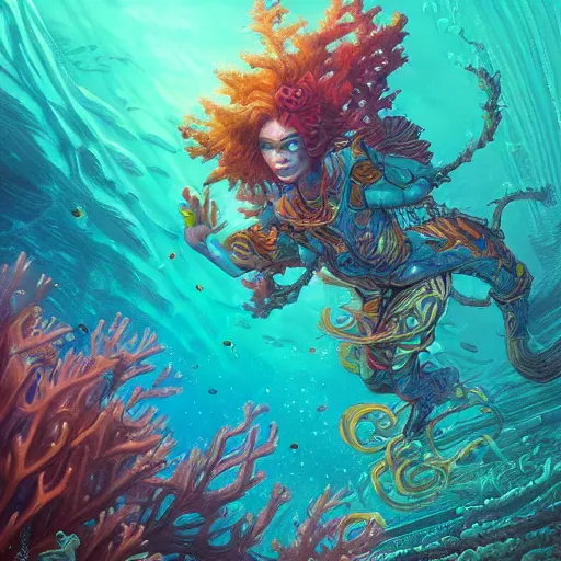 Image similar to coral underwater colorful, fantasy, intricate, highly detailed, digital painting, hd, trending on artstation, illustration, fine lines, sharp edges, colourful, style of stanley artgerm and greg rutkowski and dan mumford