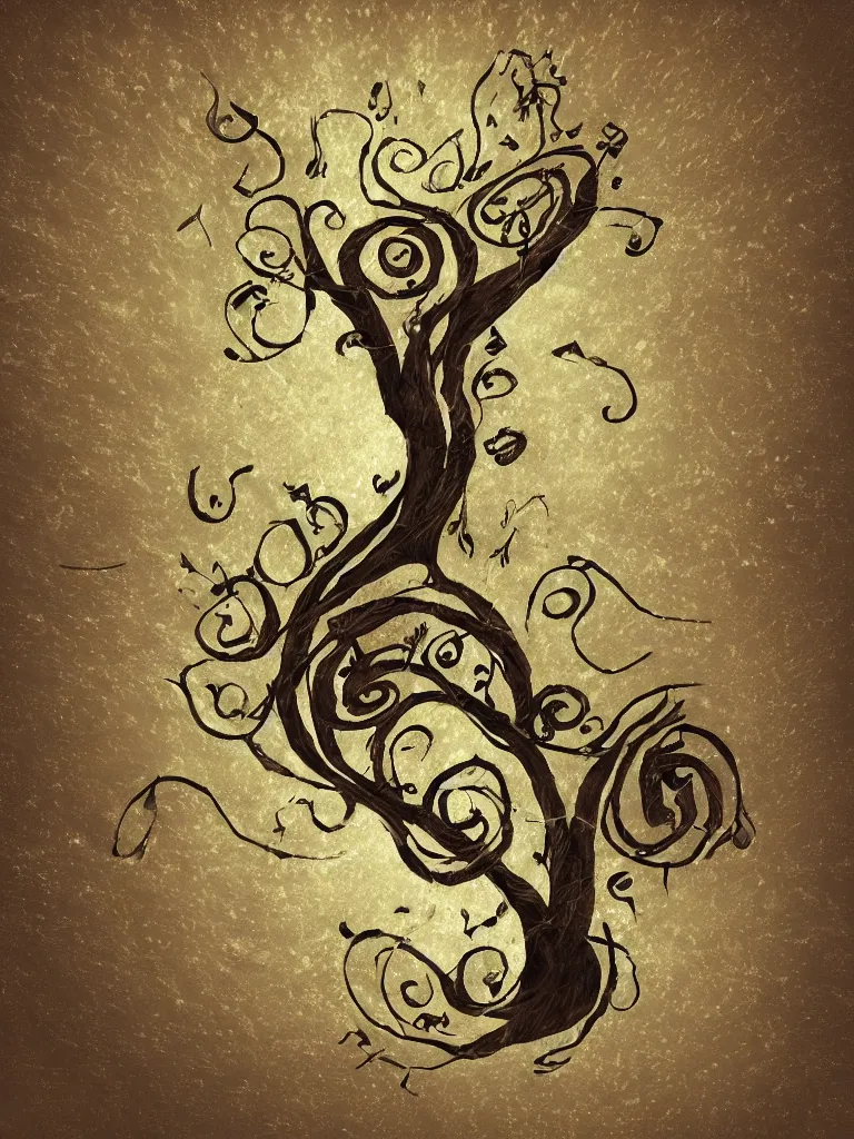 Image similar to a digital painting of an acorn that turns into a tree in the shape of a treble clef with some light effects, dynamic and energetic