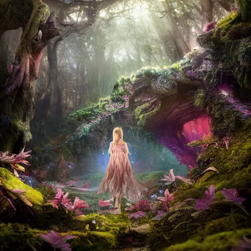 Image similar to full body pose, hyperrealistic photograph of the magical fairy forest, dim volumetric lighting, 8 k, octane beautifully detailed render, extremely hyper detailed, intricate, epic composition, cinematic lighting, masterpiece, trending on artstation, very very detailed, stunning, hdr, smooth, sharp focus, high resolution, award, winning photo, dslr, 5 0 mm