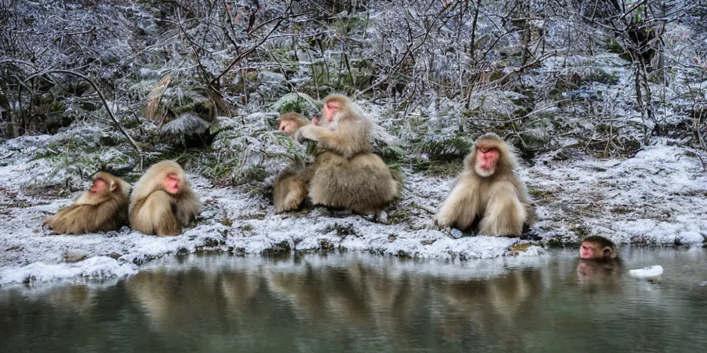 Image similar to nature photography of the snowy mountain in Jigokudani Yaen Koen with snowflakes in the air, there are snow monkeys relaxing in the hot springs and grooming each other, the snow monkeys are caring, family, intelligent, smart, inquisitive, adorable, attentive and handsome, the image emotes feelings of serene calm energy, award winning 4K HDR photography