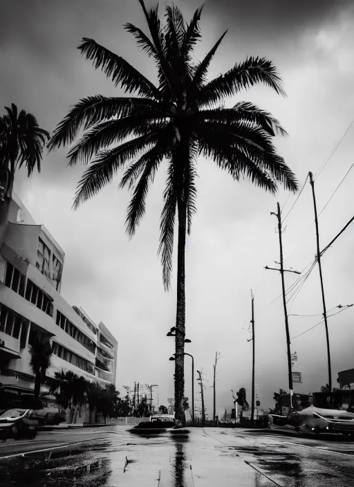 Image similar to a palm tree sitting on top of a wet sidewalk, a photo by rodolfo escalera, unsplash, hypermodernism, ominous vibe, ominous, apocalypse landscape