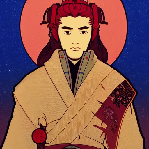 Image similar to portrait of a samurai, red moon on the background, illustration, pop art, thick brush, art by alphonse mucha, makoto shinkai