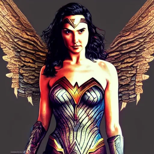 Image similar to Full body potrait of Gal Gadot as an angel, fantasy, intricate, elegant, highly detailed, digital painting, smooth, sharp focus, illustration