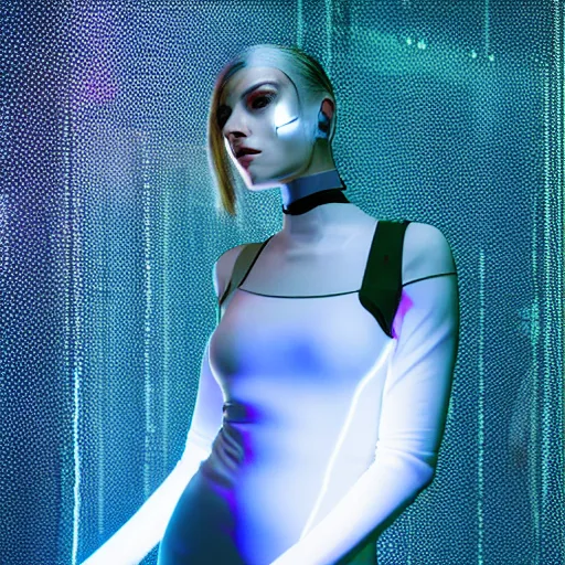 Image similar to a portrait of a female cyborg, fashion, streak lights, ligjt trail, color gel, photogtaphy, canon r 5, glowing, white background, 3 d render, unreal engine, white body suit, futuristic
