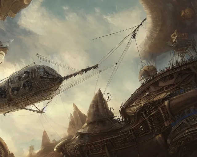 Image similar to legendary steampunk airship in medieval planet sky, alien technology, cinematic, highly detailed, smogpunk engines with sails, scifi, intricate digital painting, interesting angle artstation, by johnson ting, jama jurabaev