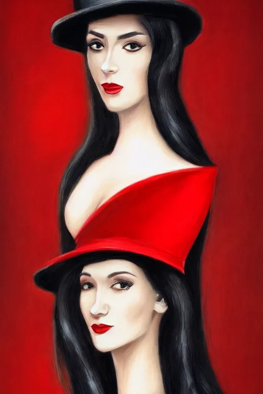 Image similar to elegant long hair lady wearing red dress and tophat, close up portrait, realistic detailed painting, dark background, noir, mysterious