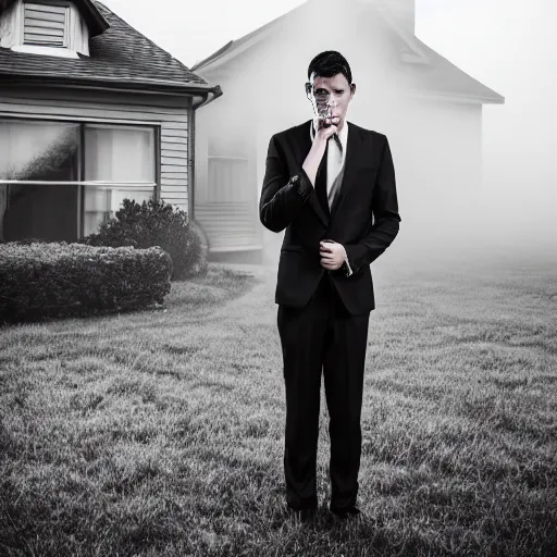 Prompt: man in strict suit, one man, an indifferent face, house on background, bloody knife, blood on body, full body, little fog, evening, extremely detailed, sharp focus, professional photographer, professional model