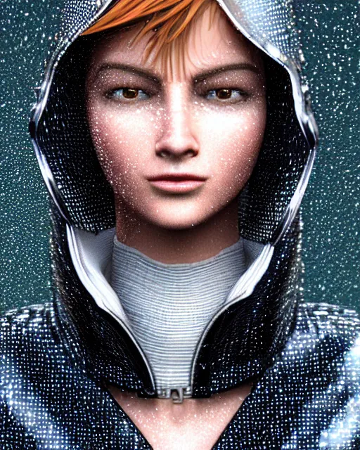 Prompt: detailed portrait European Pretty Modern Girl Dithering ditherpunk dither-punk Rain, Reflective jacket coat, Futuristic sci-fi fashion, royal attire 16 color 256 color Secret of Monkey Island Bayer dithering Floyd-Steinberg Jarvis-Judice-Ninke Atkinson Riemersma Perfect face, fine details, realistic shaded, fine-face, pretty face