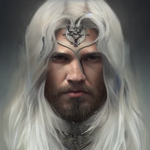 Image similar to portrait of knight, white eyes, white long hair, scar on face, handsome, elegant, intricate, headshot, highly detailed, digital painting, artstation, concept art, sharp focus, illustration, art by artgerm and greg rutkowski and alphonse mucha