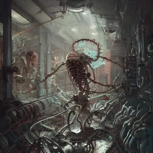 Prompt: hyperrealistic photography of a machine entering a skeleton host in the style of jin kagetsu, james jean and wlop, highly detailed, sharp focus, intricate concept art, digital painting, ambient lighting, 4 k, artstation