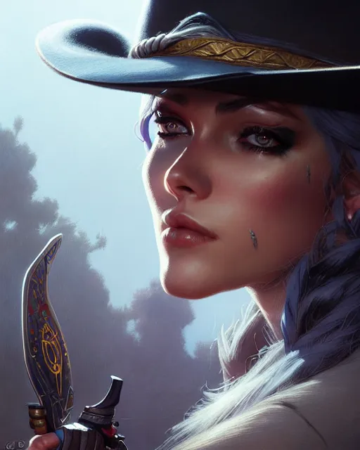 Image similar to ashe from overwatch, cowgirl, character portrait, portrait, close up, concept art, intricate details, highly detailed by greg rutkowski, michael whelan and gustave dore