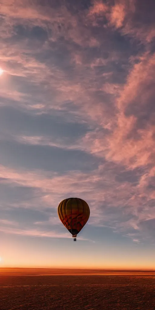 Prompt: elevated view of hot air balloon in flight, rule of thirds, Salar De Uyuni white salt bed in distance, sunset (pink), golden hour, Photorealistic, establishing shot, cinematic lighting, , dramatic lighting, atmospheric, realistic, octane render, highly detailed, color graded, matte painting in the style of simon stalenhag