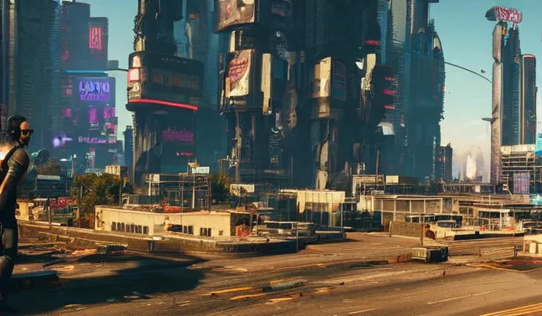 Prompt: cyberpunk 2077 city being destroyed by a nuclear bomb