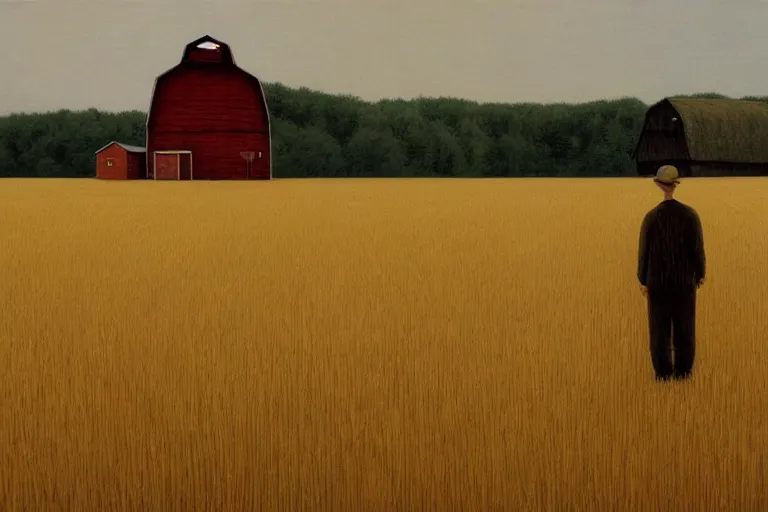 Image similar to a wheat field with a scarecrow and a barn artwork by tim eitel