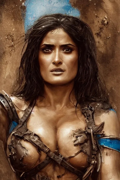 Image similar to portrait, Salma Hayek , barbarian , dressed in tattered blue leather , face portrait, raphael lacoste, eddie mendoza, alex ross, concept art, matte painting, highly detailed, rule of thirds, dynamic lighting, cinematic, detailed, denoised, centred