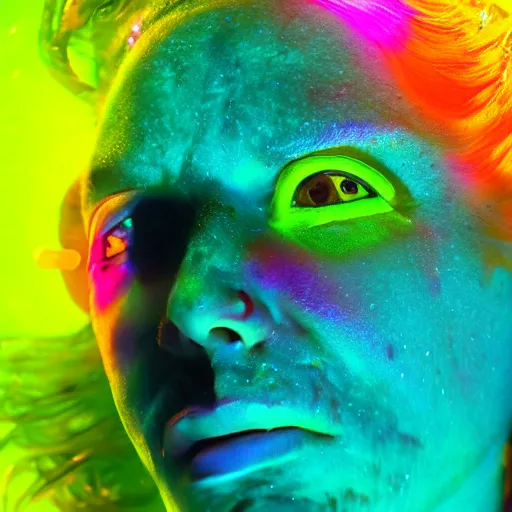 Image similar to underwater photo of a human-face fish with neon colors.