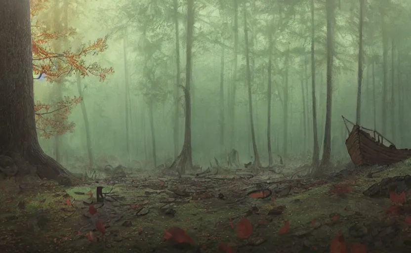 Image similar to an old big shipwreck in an autumn forest, green and red tones, by Aron Wiesenfeld and beksincki, cinematic, detailed illustration, nature, fog, dark colors, suspense, intricate, 8k