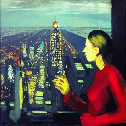 Prompt: “ a girl looking down at a futuristic new york city below, cyberpunk, detailed face, wearing red dress, oil painting, by george bellows ”