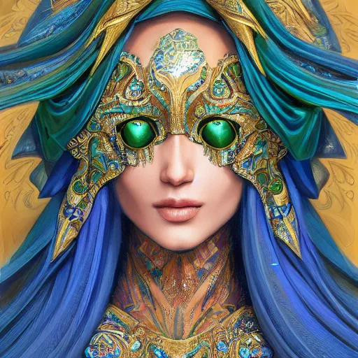 Image similar to a beautiful woman wearing a blue and green kaftan made of silk with golden ornaments and diamonds by alex gray and android jones , Karol Bak, Ayami Kojima, Amano , concept art, character design, fantasy,3D, 8k resolution