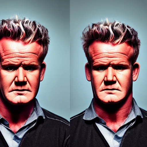 Prompt: symmetrical, full body portrait of Gordon Ramsey, scowling, studio lighting, depth of field, photography, hyper colors, highly detailed