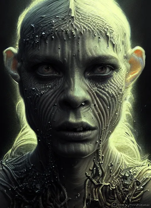 Prompt: realistic portrait of beautifully crystalized and detailed portrait of a goblin, matte painting of cinematic movie scene, dystopian environment, horror, created by gustave dore and greg rutkowski, high detailed, smooth draw, synthwave neon retro, intricate, realistic proportions, dramatic lighting, trending on artstation.