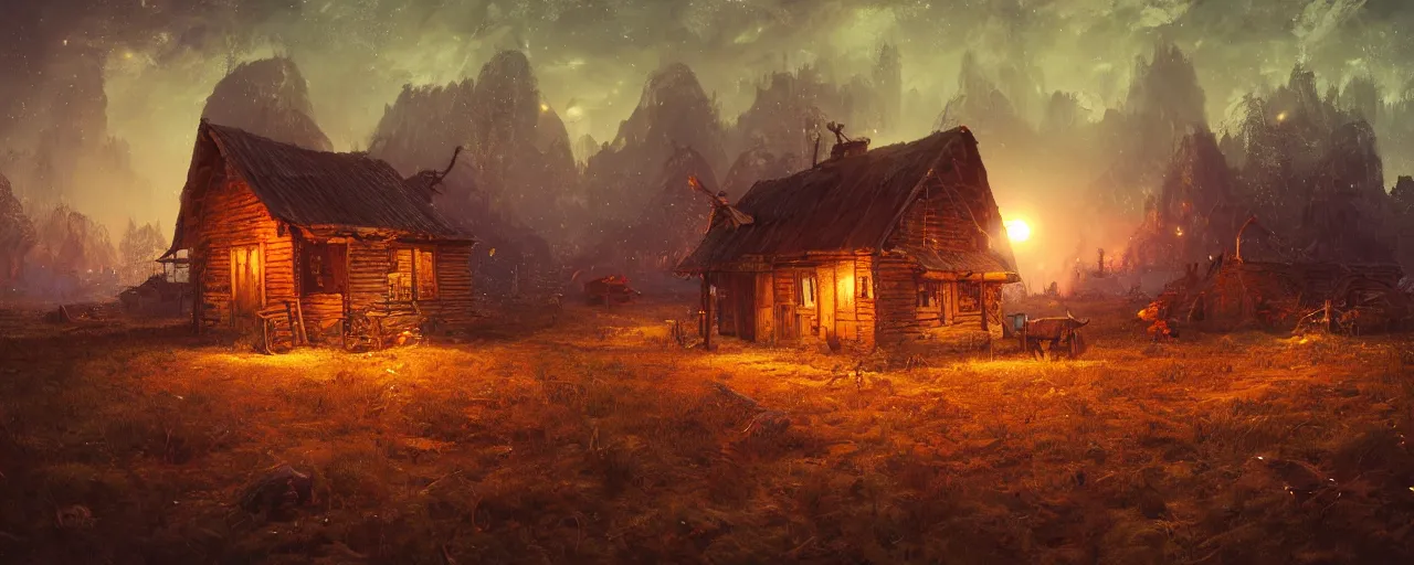 Image similar to ” otherwordly landscape with a single wooden shack at night, [ cinematic, detailed, epic, widescreen, opening, establishing, mattepainting, photorealistic, realistic textures, octane render, art by wlop and paul lehr ] ”