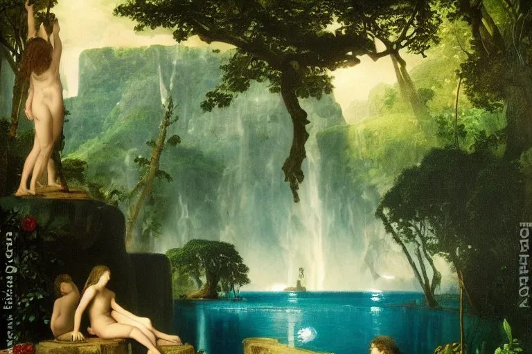 Image similar to The waterfall chalice, refracted moon sparkles, thunderstorm, greek pool, beach and Tropical vegetation on the background major arcana sky and occult symbols, by paul delaroche, hyperrealistic 4k uhd, award-winning, very detailed paradise