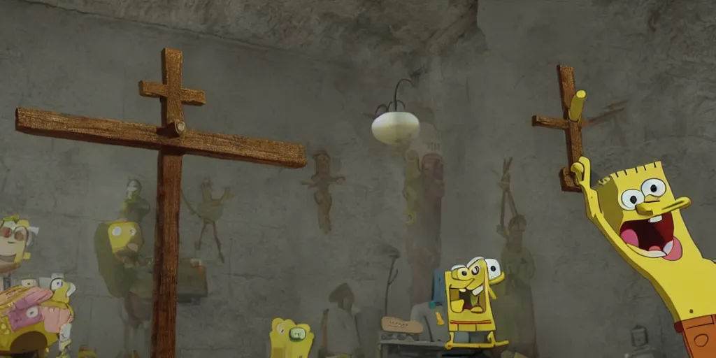 Prompt: spongebob being crucified as jesus christ in'spongejesus'( 2 0 2 3 ), movie still frame