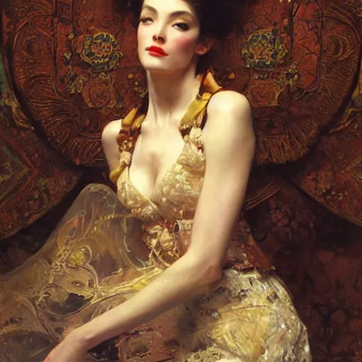 Image similar to portrait of a beautiful woman, intricate, elegant, highly detailed, by ruan jia, gil elvgren, greg manchess, mucha