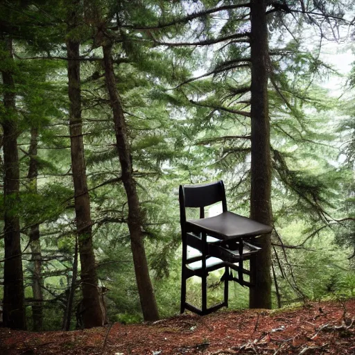 Prompt: a chair on top of the stairs in the forest