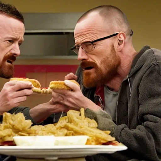 Image similar to walter white and jesse pinkman eating hamburger