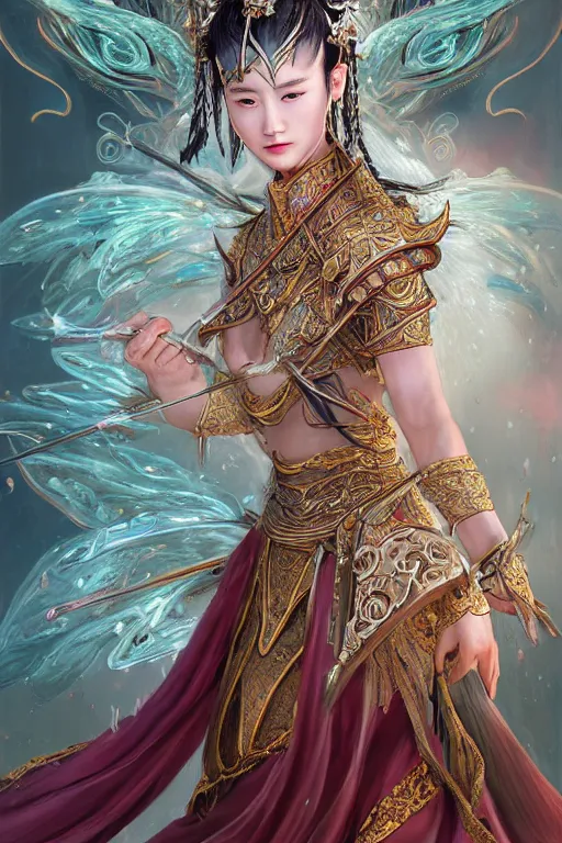 Image similar to beautiful ancient fantasy portrait of wuxia armor heroine, wearing Xian Xia wardrobe, in forbidden City, hybrid from Dynasty Warriror, flowers sea rainning everywhere, intricate, very very beautiful, elegant, highly detailed, digital painting, beautiful glowing galaxy eyes, human anatomy, hyperrealistic, soft light, dynamic, artbreeder, artstation, fantasy concept art, smooth, sharp focus, illustration, art by alphonse mucha and tian zi and WLOP