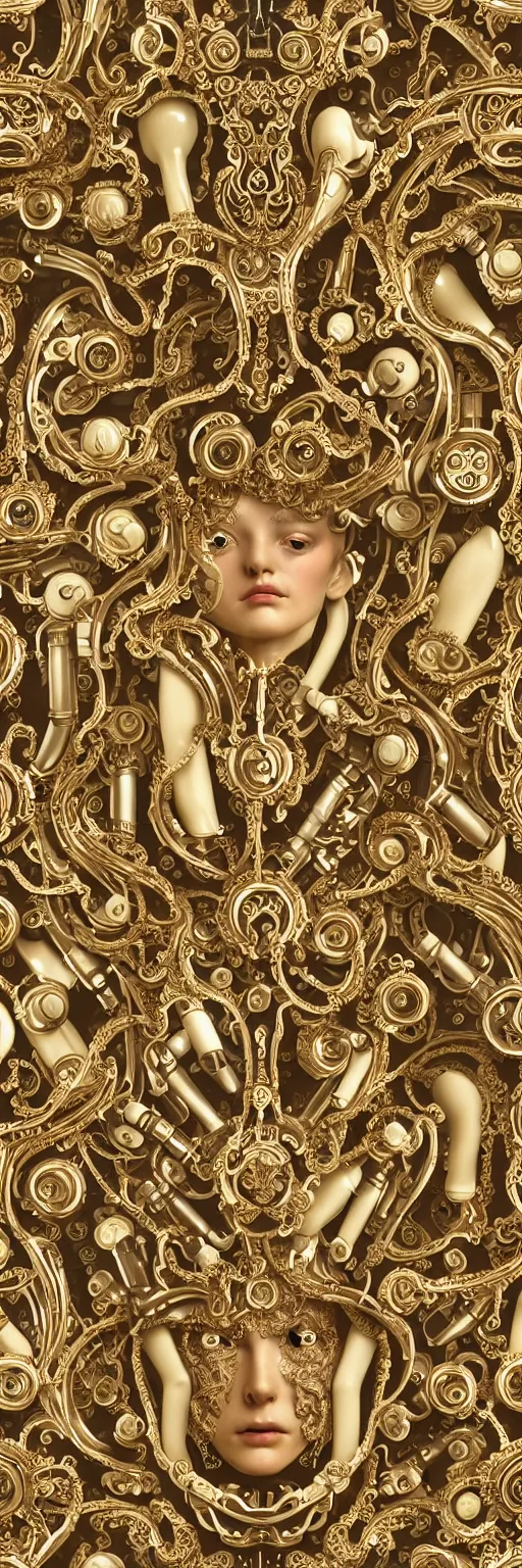 Image similar to seamless pattern of beautiful cybernetic baroque robot, beautiful baroque porcelain face + body is clear plastic, inside organic robotic tubes and parts, damask patern, front facing, wearing translucent baroque rain jacket, carved gold panel + symmetrical composition + intricate details, hyperrealism, wet, reflections + by alfonse mucha, no blur