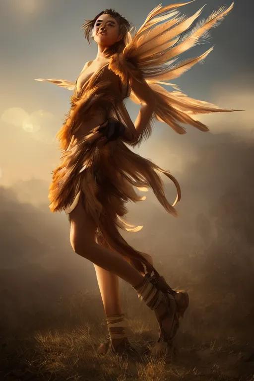 Image similar to beautiful young wind spirit, leather top, feather skirt, , golden hour, full body, post apocalyptic setting, medium shot, mid-shot, highly detailed, trending on Artstation