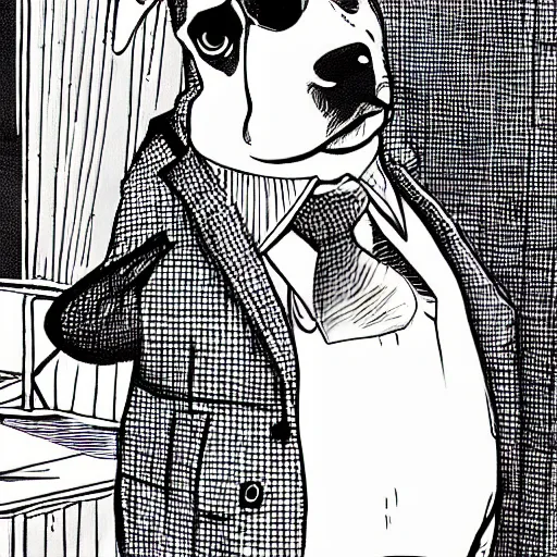 Prompt: a beagle wearing a business suit and fedora, by moebius