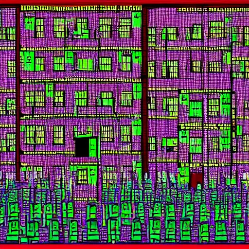 Image similar to a chinese prison, in the style of daniel johnston, 8 k, line brush, minimal, brightly coloured, flat blocks of color, overlaid with chinese adverts