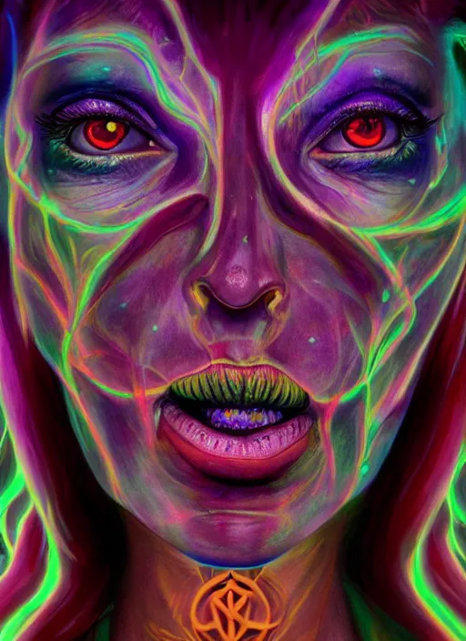 Image similar to tripping magic cult psychic woman, painted face, third eye, energetic consciousness psychedelic, epic surrealism expressionism symbolism, ultra high definition, unreal engine 5, volumetric lighting cinematic ray trace photorealism, symmetrical face, dark myth mythos, by alex grey, masterpiece