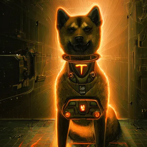 Image similar to tesla power armor realistic cyborg anthropomorphic shiba inu scifi kirlian photography electric field glowing, cyberpunk, portrait art by donato giancola and greg rutkowski, realistic face, glowing in tesla electricity visible magnetic field, digital art, trending on artstation, symmetry