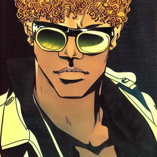 Prompt: a cool freckled black dude wearing shades with golden frizzy hair by masamune shirow