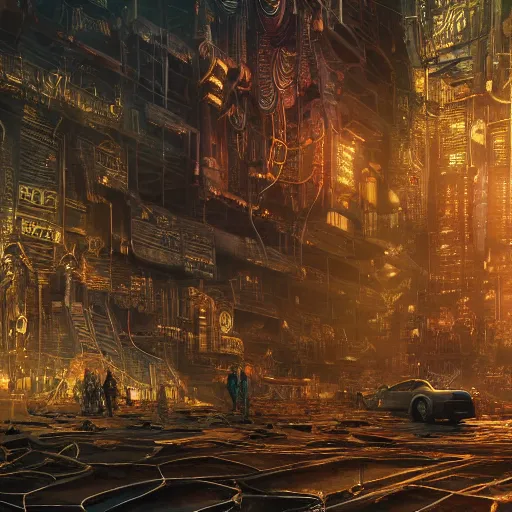 Prompt: An extremely detailed matte painting of a golden cyberpunk skeleton with highly detailed and intricate electric eyes, by android jones and greg rutkowski, Trending on artstation, hyperrealism, elegant, stylized, highly detailed digital art, 8k resolution, hd, global illumination, radiant light, detailed and intricate cyberpunk ghetto environment, rendered in octane, oil on canvas