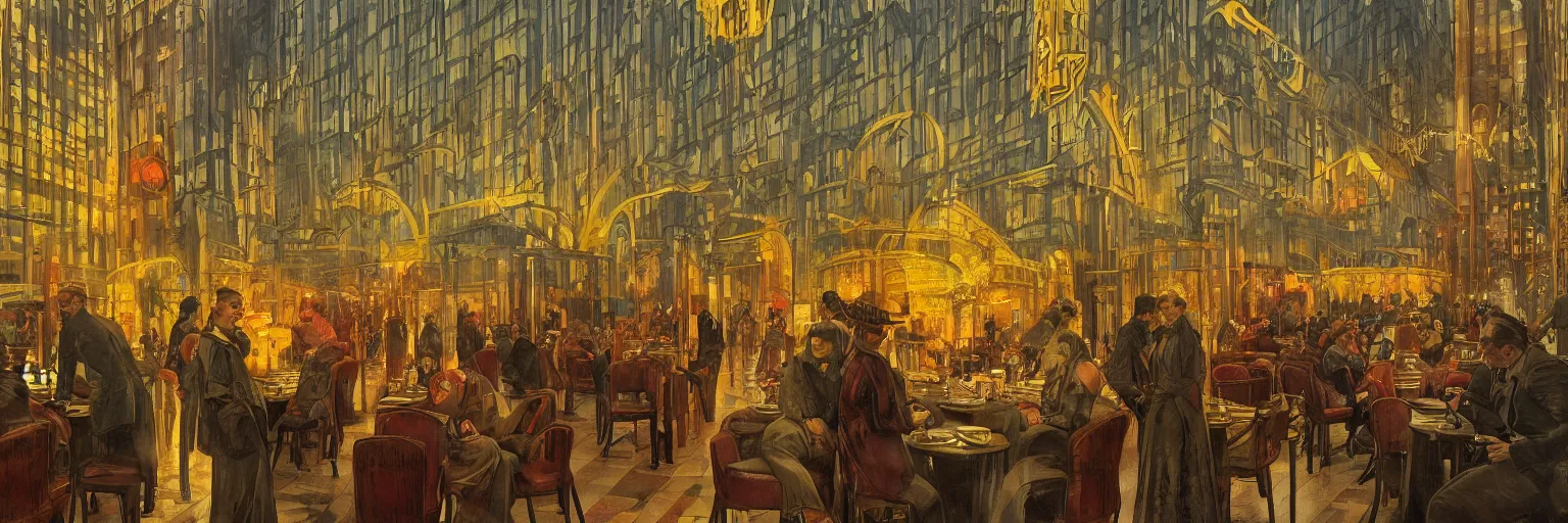 Image similar to Babylon Berlin. Night. Crowded Art deco restaurant. Berlin, late golden 1920s. Gropius. Metropolis. Mist. Highly detailed. Hyper-realistic. Cheerful. Merry mood. Warm colors. Dynamic composition. Matte painting in the style of Eddie Mendoza, Alphonse Mucha