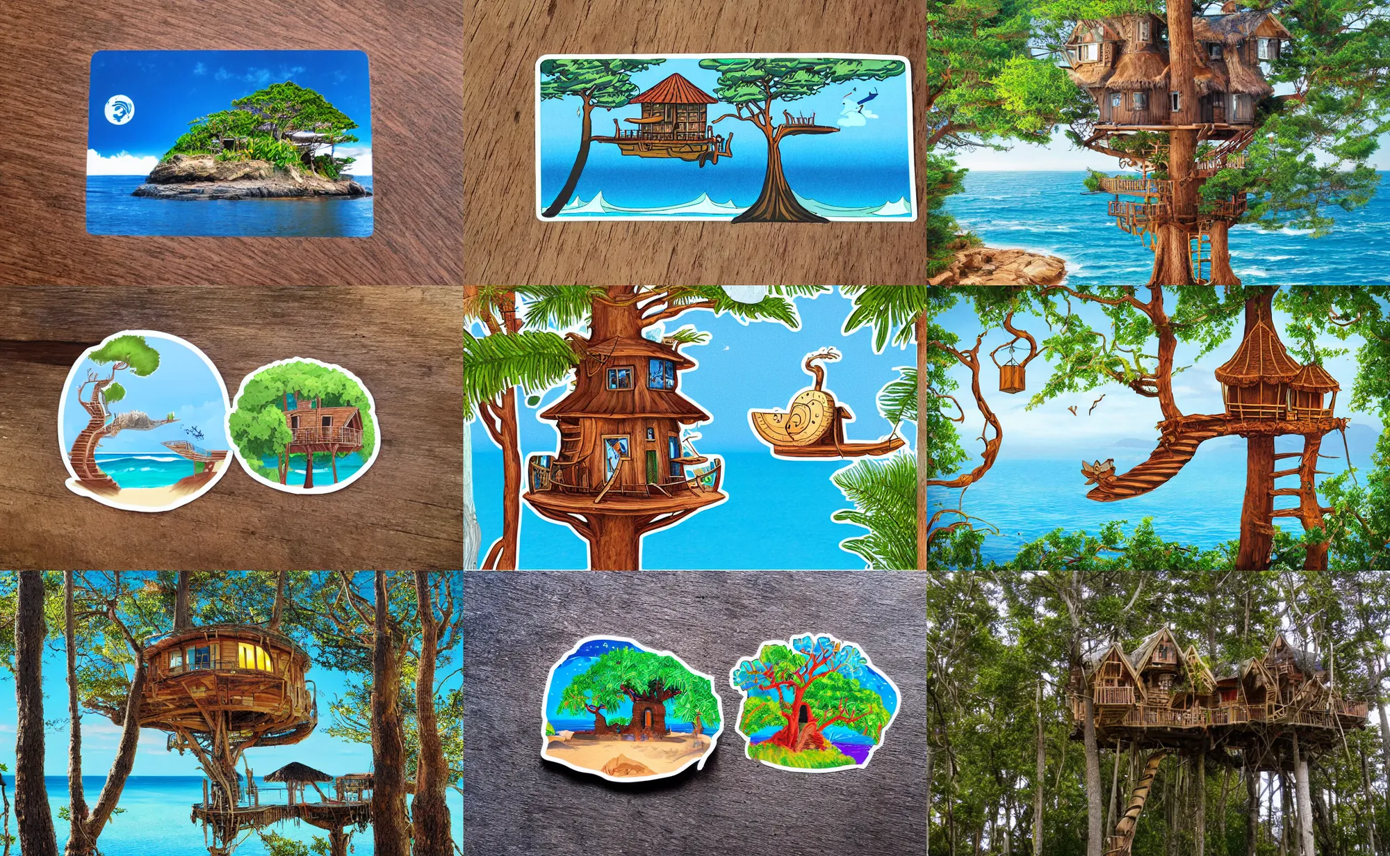 Prompt: sticker of a mystical island treehouse on the ocean