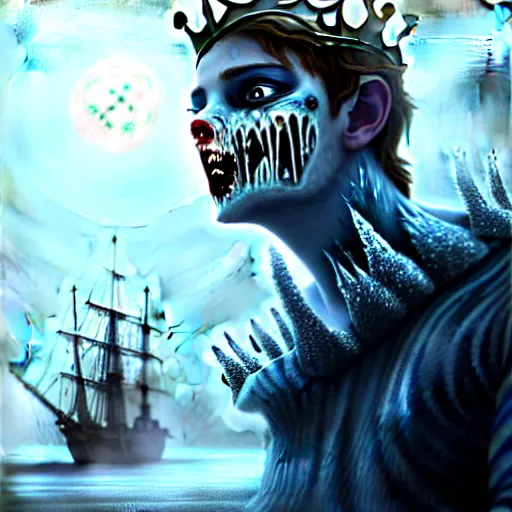 Image similar to a frozen zombie man with a crown, eyes are glowing, broken sailing ship boat in the background, is at dawn and bluish, fantasy, intricate, elegant, highly detailed, digital painting, artstation, concept art, matte, sharp focus, illustration, art by aenaluck and roberto ferri and greg rutkowski, epic