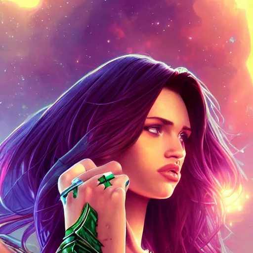Image similar to ultra realistic illustration, bella thorne as megan fox as starfire anime with glowing green eyes, intricate, elegant, highly detailed, digital painting, artstation, concept art, smooth, sharp focus, illustration, art by artgerm and greg rutkowski and alphonse mucha