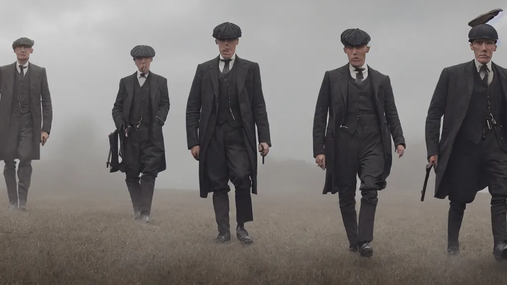 Image similar to the peaky blinders made out of shrimps, film still from the movie directed by denis villeneuve with art direction by zdzis