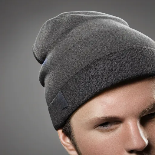 Image similar to a professional focus studio photograph close - up shot of a beanie, professional lighting, studio lighting, dramatic, realistic