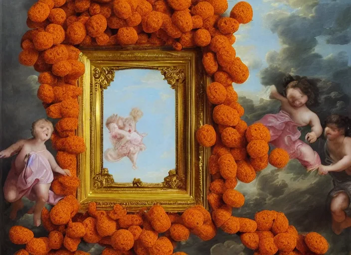 Image similar to a house with walls made out of cheeto's, flowers around the cheeto's, cherubs in the air, a painting in the baroque style, a painting in the rococo style, ornate golden frame